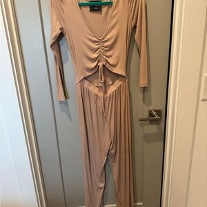 Kittenish Tan Long Sleeve Jumpsuit
